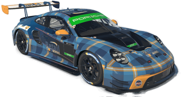 The Blue Plaid Racing Porsche 911 GT3 R in iRacing: deep blue plaid livery with yellow-orange stripes, mirrors and wing endplates